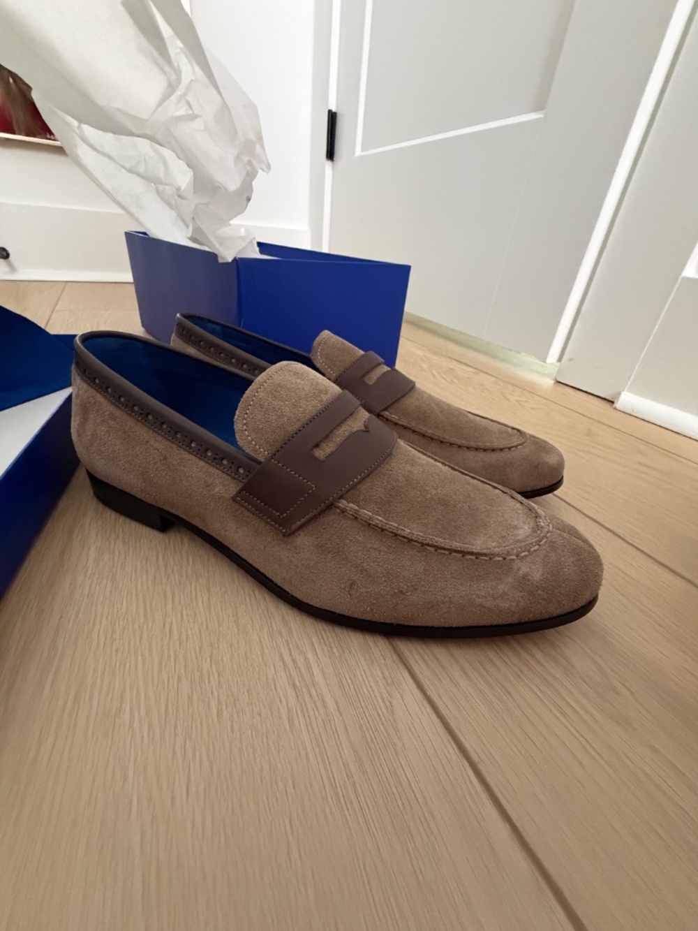NIB Maceoo Suede Penny Loafers – Brown – Italian Inspired Luxury Slip-On Size 10